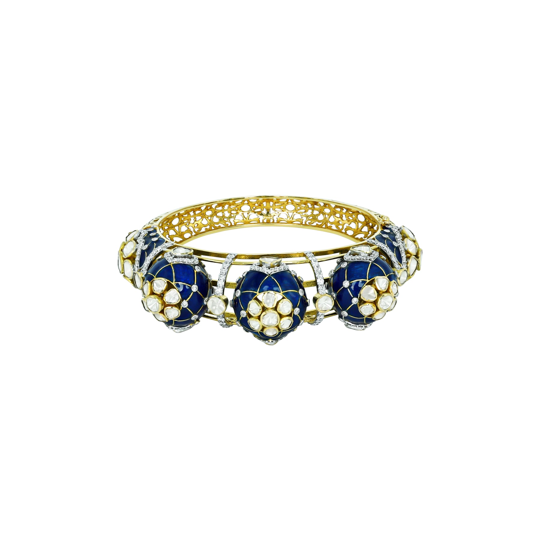 Dome Polki Bangle with Deep Blue Enamel and Lattice Sides